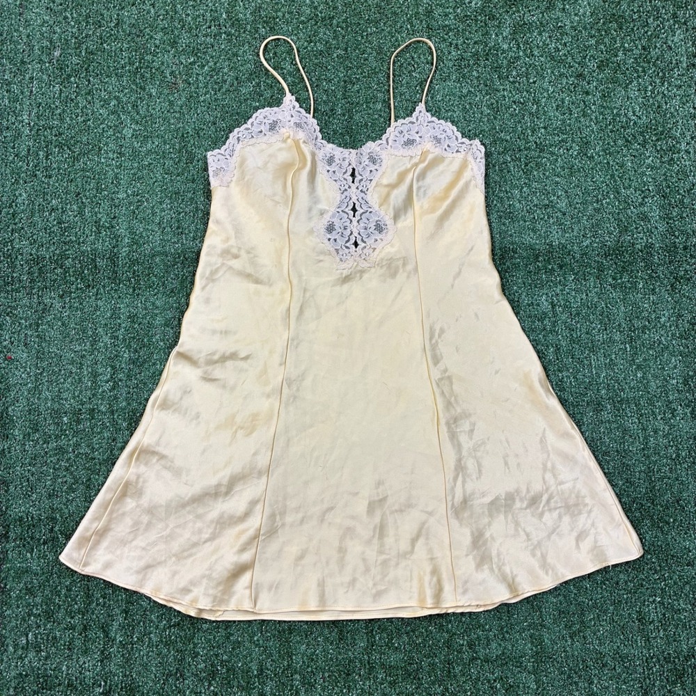 Vintage Partners Mervyns Yellow Satin Lace Slip Dress Lingerie Chemise Nightie